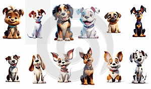 Set of portraits with cute cartoon puppies on white background