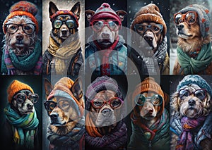 Set of portraits with cute various dog with winter clothes. Modern closeup portrait
