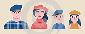 A set of portraits of different ages of people in French berets. Young family. Collection of cute characters. Hand drawn trendy