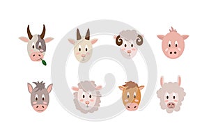 A set of portraits of farm animals. Vector collection illustration of livestock isolated on a white background. Cartoon animals