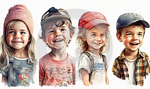 Set of portraits happy children, smiling and looking at camera, close-up, boys and girls in the cap, isolated on white