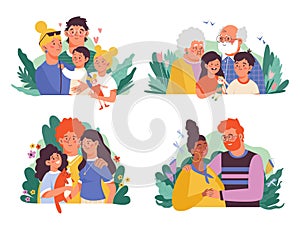 A set portraits of happy families hug and love each other a vector illustrations