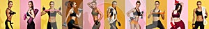 Set of portraits of healthy fitness woman doing workout