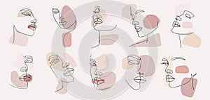 Set of portraits. Simple, minimalist vector illustration of beautiful woman face. Pastel colors.