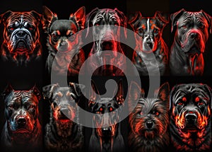 Set of portraits with various dog breeds on black background