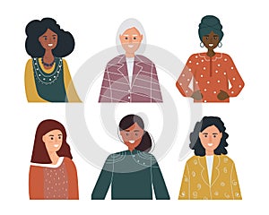 Set portraits of women of different gender and age, different ethnic nationalities and races. vector flat illustration