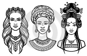 Set of portraits young beautiful women of the different countries.