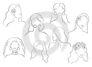 Set of portraits of young women. Line art. Abstract image of people. Modern style. People of different ethnic groups.