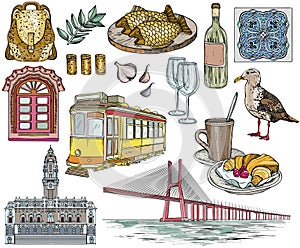 Set of Portugal drawings and landmarks.