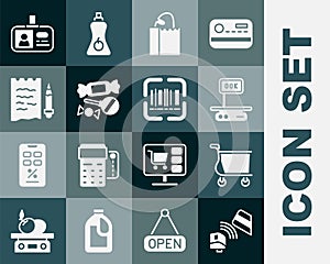 Set POS terminal with credit card, Shopping cart, Electronic scales, Paper bag bread loaf, Candy, list pencil