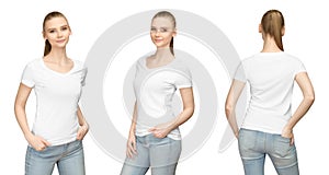 Set pose girl in blank white tshirt mockup design for print and concept template young woman in T-shirt front and side back view
