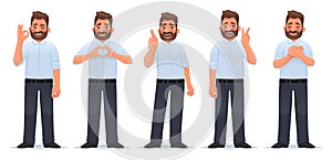 Set of positive and approving gestures. Happy man shows a gesture of gratitude, okay, cool, heart and victory