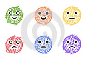 Set of positive and negative emoticons in scribble style