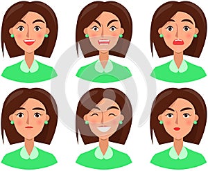 Set of positive and negative face expressions of woman. Cute faces, emotions of cartoon characters