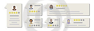 Set of positive, negative reviews. Testimonials template for web. Customer feedback. Grading system. Messages with various people