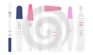 Set of positive pregnancy test result vector illustration. Pregnancy test with 2 stripes flat design clipart. Pregnant result