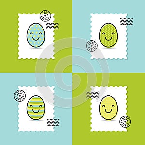 Postage stamp with easter painted egg smiley set