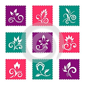 Set of postage stamps with floral icons