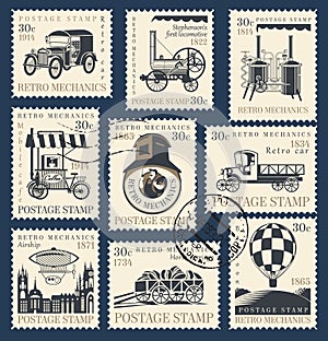 Set of postage stamps on the theme of retro mechanics
