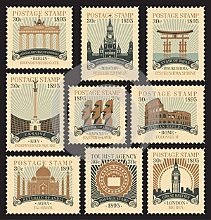 Set of postage stamps on the travel theme