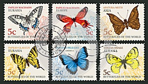 Set of postage stamps with various butterflies