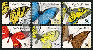 Set of postage stamps with various butterflies