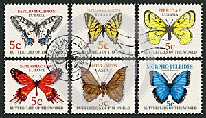 Set of postage stamps with various butterflies