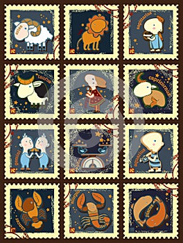 Set of postage stamps with zodiac sings