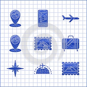 Set Postal stamp and Egypt pyramids, Globe with flying plane, Mountains, Suitcase for travel stickers, Wind rose, Map