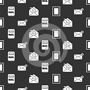 Set Postal stamp, Envelope, Mail box and Envelope on seamless pattern. Vector