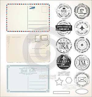 Set of postal stamps and post cards on white background mail post office air mail