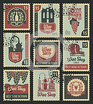 Set of postal stamps on theme of wine