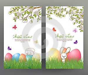 Set of postcard or banner for Happy Easter Day with colored eggs