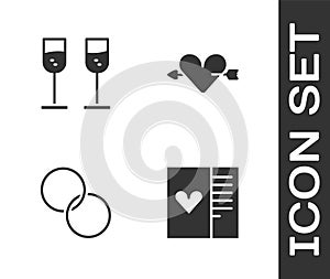 Set Postcard with heart, Glass of champagne, Wedding rings and Amour and arrow icon. Vector
