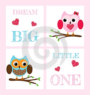 Set of postcards with cute owls and inscriptions