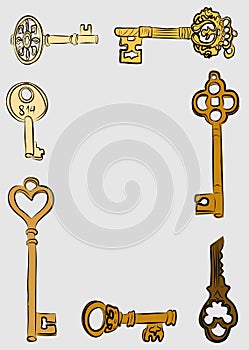 A set of postcards and different keys. Vintage greeting card, background, business card with images of silver, gold and bronze key