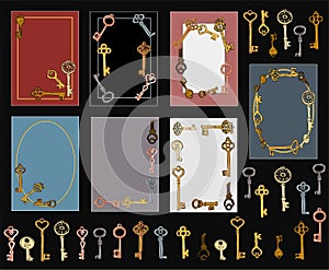 A set of postcards and different keys. Vintage greeting card, background, business card with images of silver, gold and bronze key