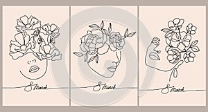 Set of postcards, illustrations with women\'s faces and flowers, for International Women\'s Day. Line art