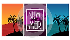 Set of postcards with tropical landscape Collection of summer backgrounds. Palm trees silhouette. Vector illustration