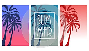 Set of postcards with tropical landscape Collection of summer backgrounds. Palm trees silhouette. Vector illustration