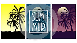Set of postcards with tropical landscape Collection of summer backgrounds. Palm trees silhouette. Vector illustration