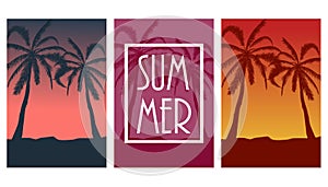 Set of postcards with tropical landscape Collection of summer backgrounds. Palm trees silhouette. Vector illustration