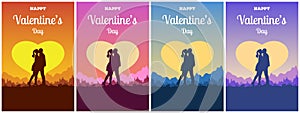 Set of postcards for Valentine`s Day with couple in love. A man and a woman hug and kiss on a background of sunset landscape.