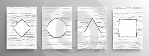 Set of poster with geomtry shapes in linear distortion style. Abstract figures in wavy horizonatal lines style. Design