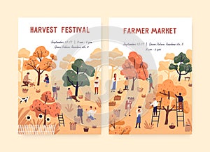 Set poster of harvest festival and farmer market with place for text vector flat illustration. Announcement of autumn