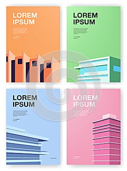 Set of posters. Backgrounds with abstract architecture. Vertical placard with place for text. Colorful vector