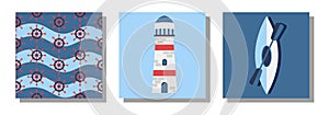 A set of posters, banners on a marine theme with a lighthouse and a boat. Vector illustration