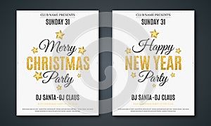 Set posters for Christmas and New Year party. Invitation card. The text is made of gold glitters. White background. The names of t