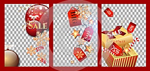 Set of posters for Christmas sales with Christmas decorations and gifts on a transparent background