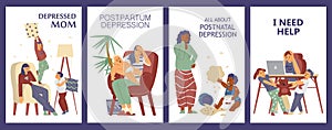 Set of posters with concept of postpartum depression, flat vector illustration.